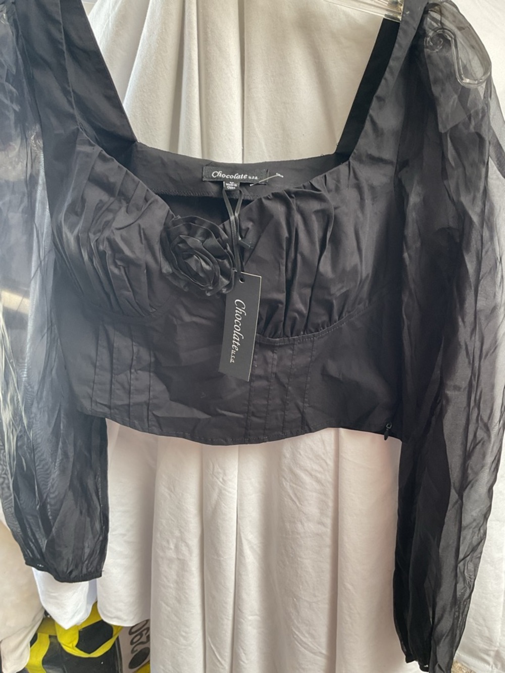Chocolate Black Sheer Puff Sleeve Crop Top